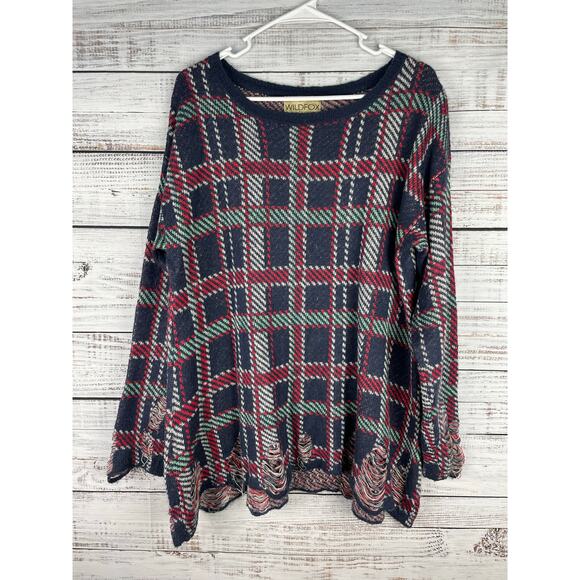 Wildfox White Label Lennon Distressed Plaid Sweater Small Wool Oversized Boho - Picture 1 of 10